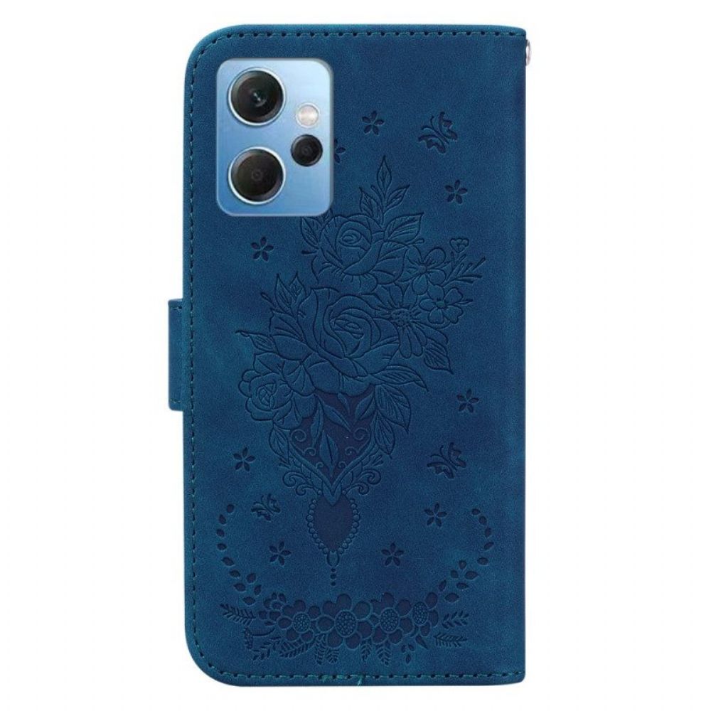 Flip Case Für Xiaomi Redmi Note 12 4G Mit Kordel Riemchenrosen Und Schmetterlinge