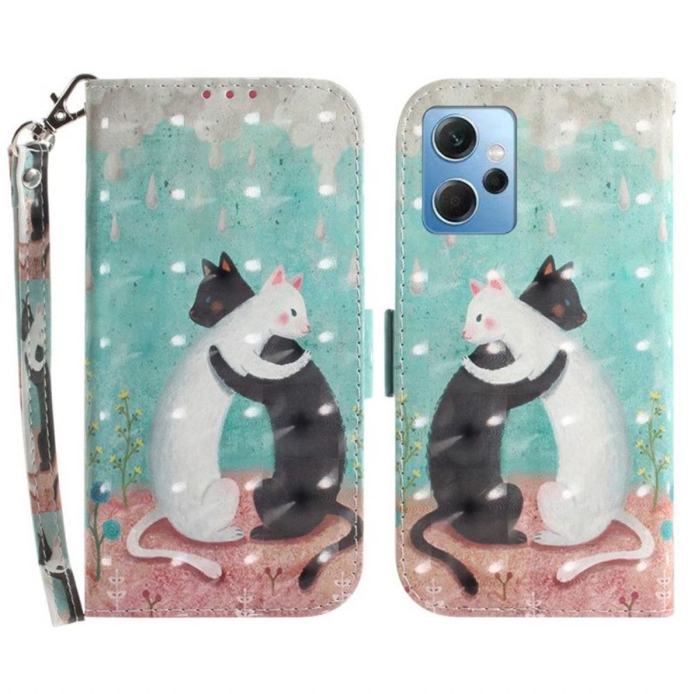 Flip Case Für Xiaomi Redmi Note 12 4G Mit Kordel Weiße Katze. Schwarze Katze Mit Riemen