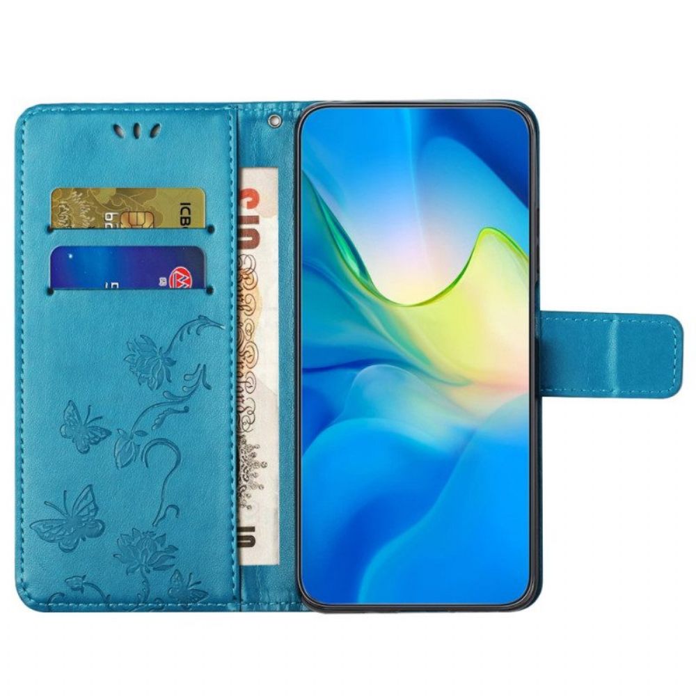 Lederhüllen Für Xiaomi Redmi Note 12 4G Mit Kordel Blumen Und Schmetterlinge Mit Riemen