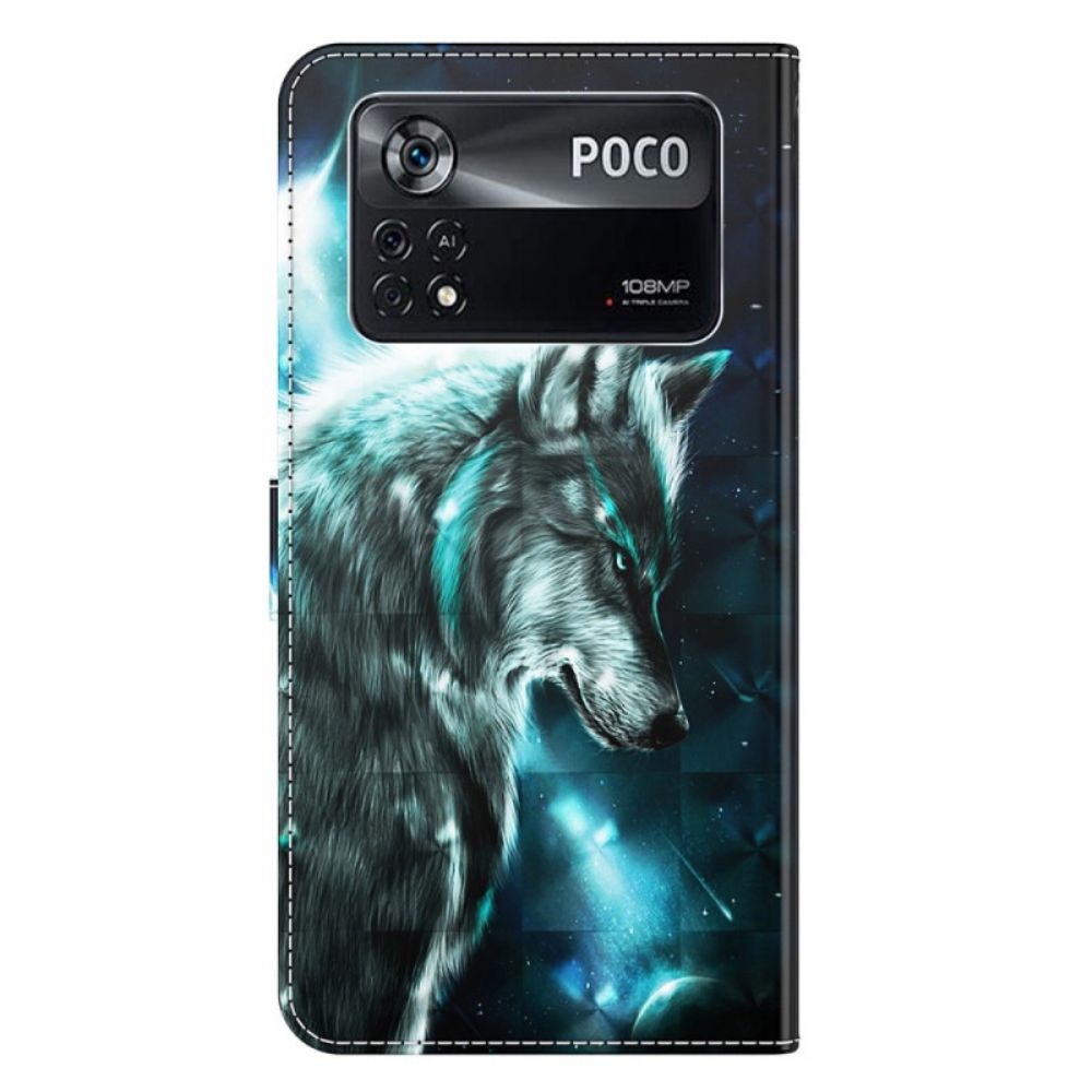 Flip Case Für Poco X4 Pro 5G Mit Kordel Angeschnallter Wolf