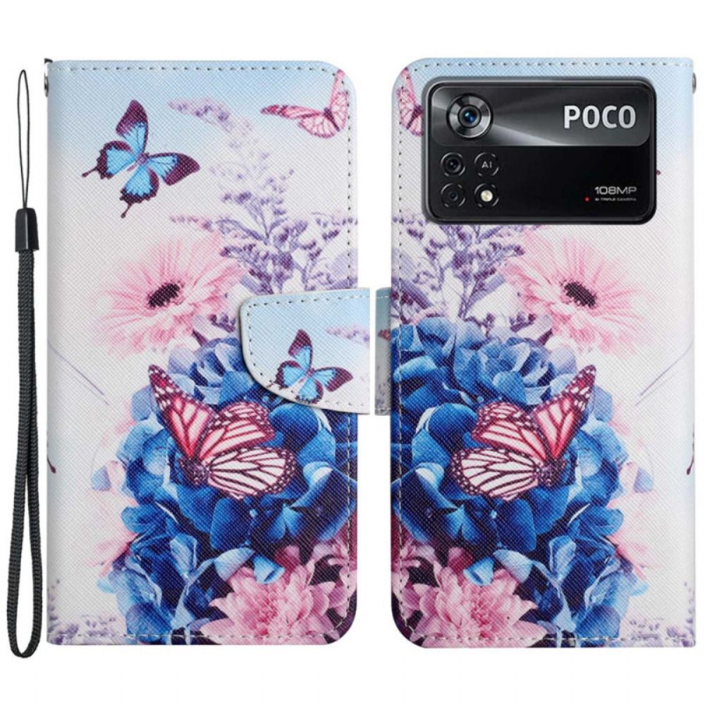 Flip Case Für Poco X4 Pro 5G Mit Kordel Blumige Riemchen-fantasie