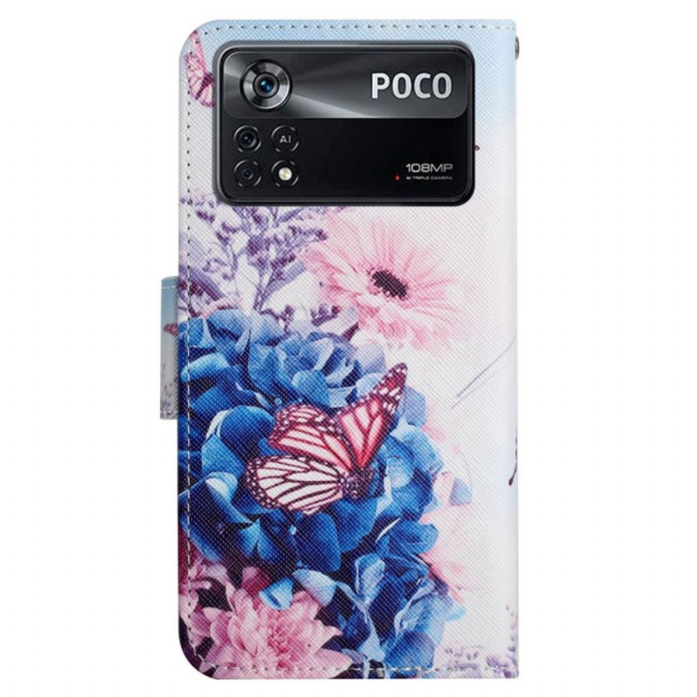 Flip Case Für Poco X4 Pro 5G Mit Kordel Blumige Riemchen-fantasie