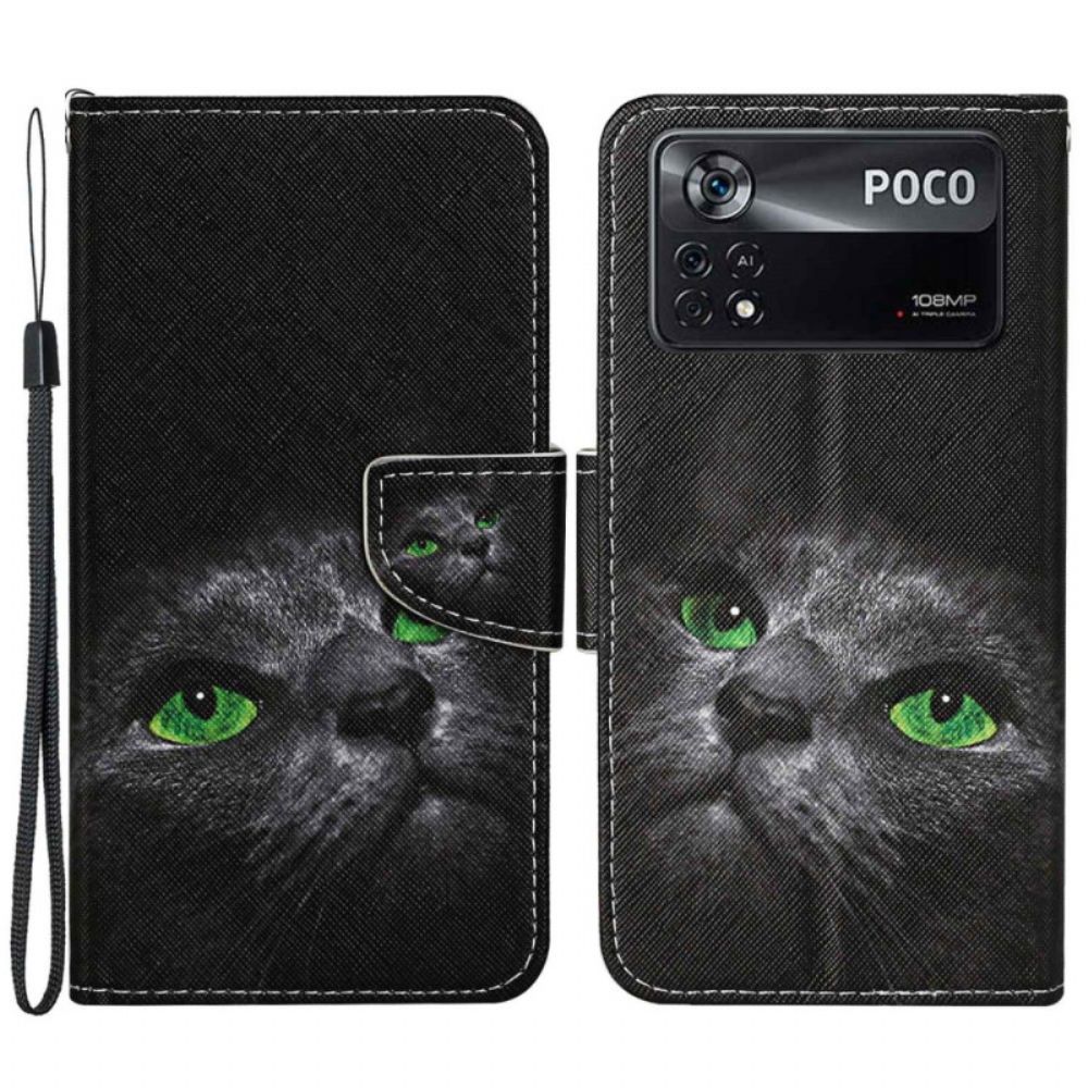 Flip Case Für Poco X4 Pro 5G Mit Kordel Grünäugige Katze Mit Riemen