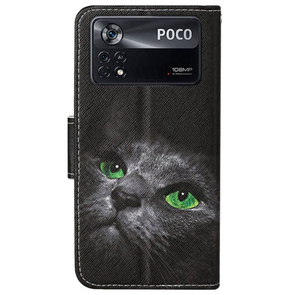 Flip Case Für Poco X4 Pro 5G Mit Kordel Grünäugige Katze Mit Riemen