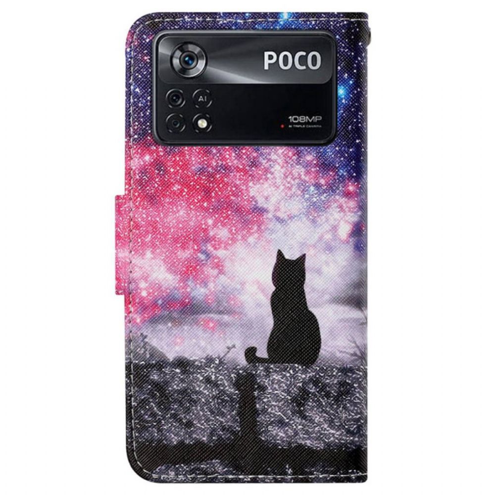 Flip Case Für Poco X4 Pro 5G Mit Kordel Katze In Der Nacht Mit Riemen