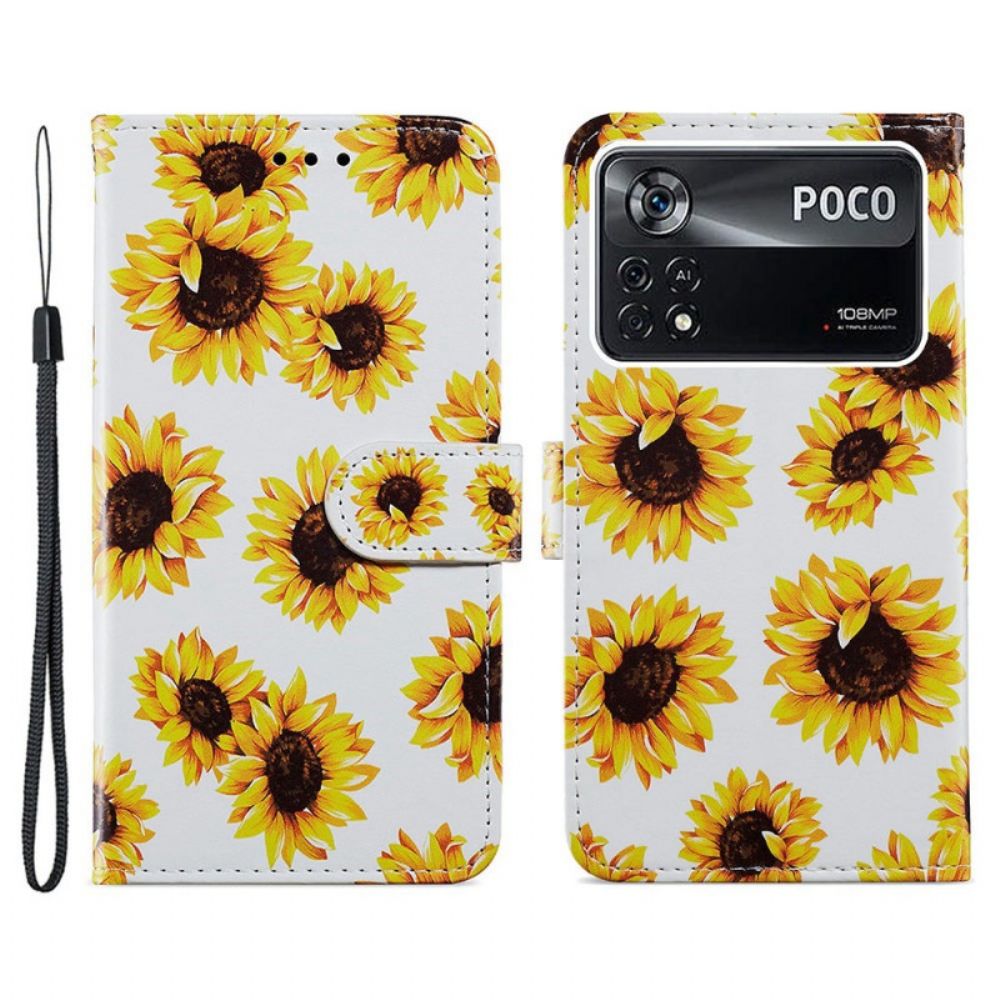 Flip Case Für Poco X4 Pro 5G Mit Kordel Stringblumen