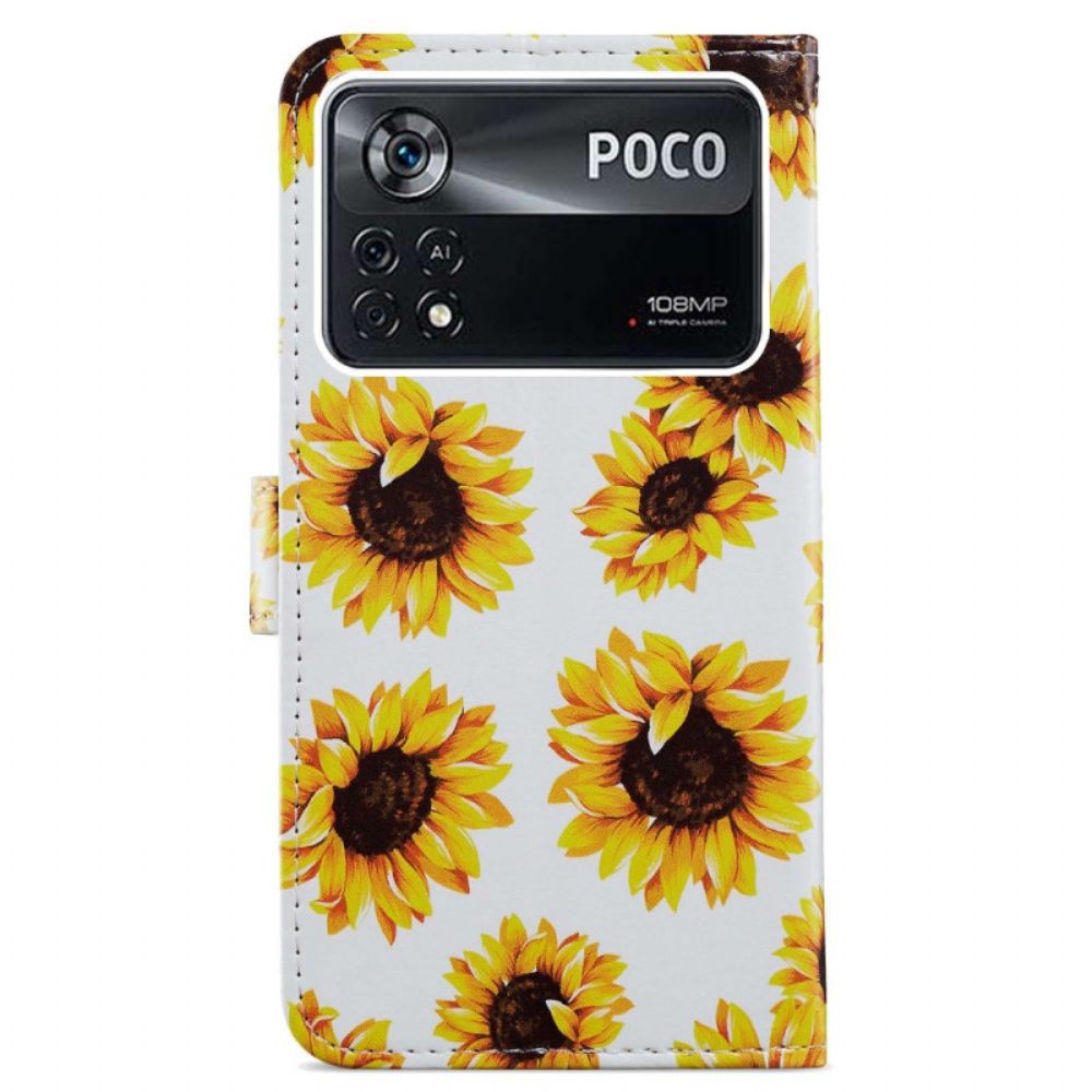 Flip Case Für Poco X4 Pro 5G Mit Kordel Stringblumen