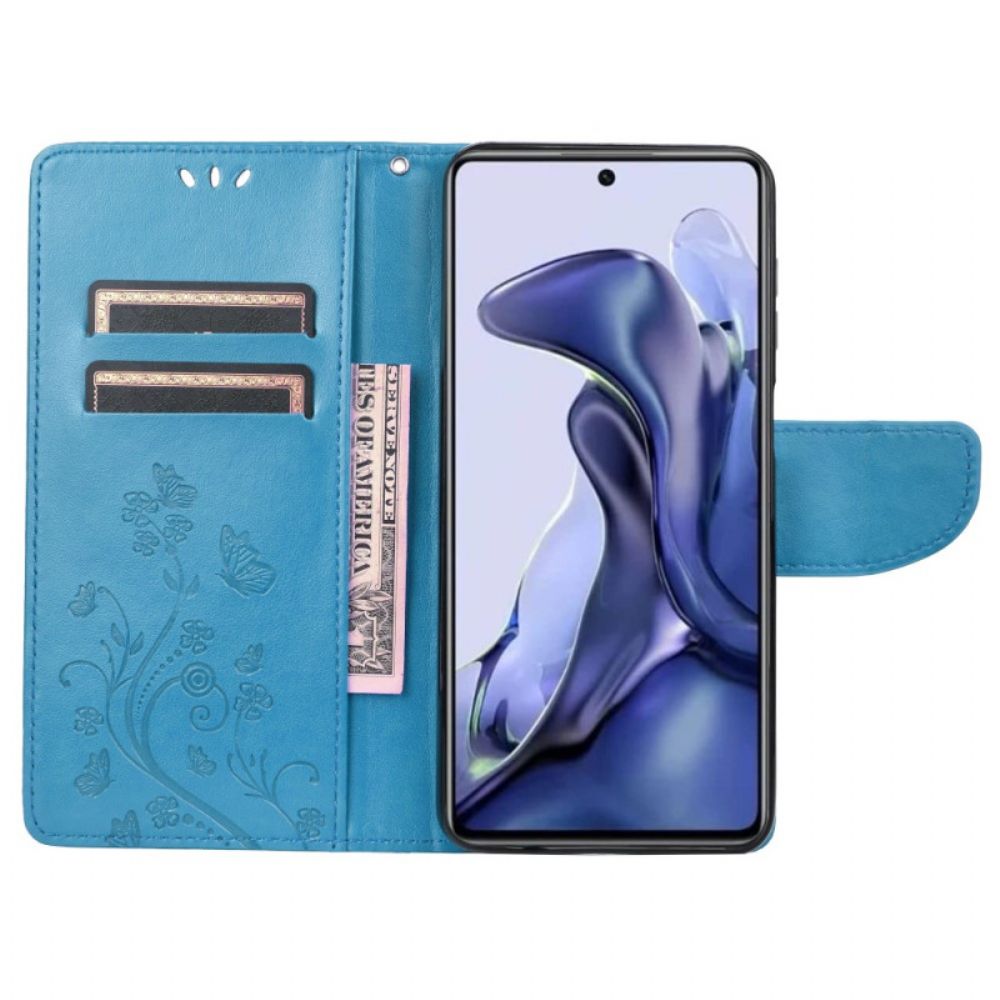 Flip Case Für Poco X4 Pro 5G Mit Kordel Tanga Blumenschmetterlinge