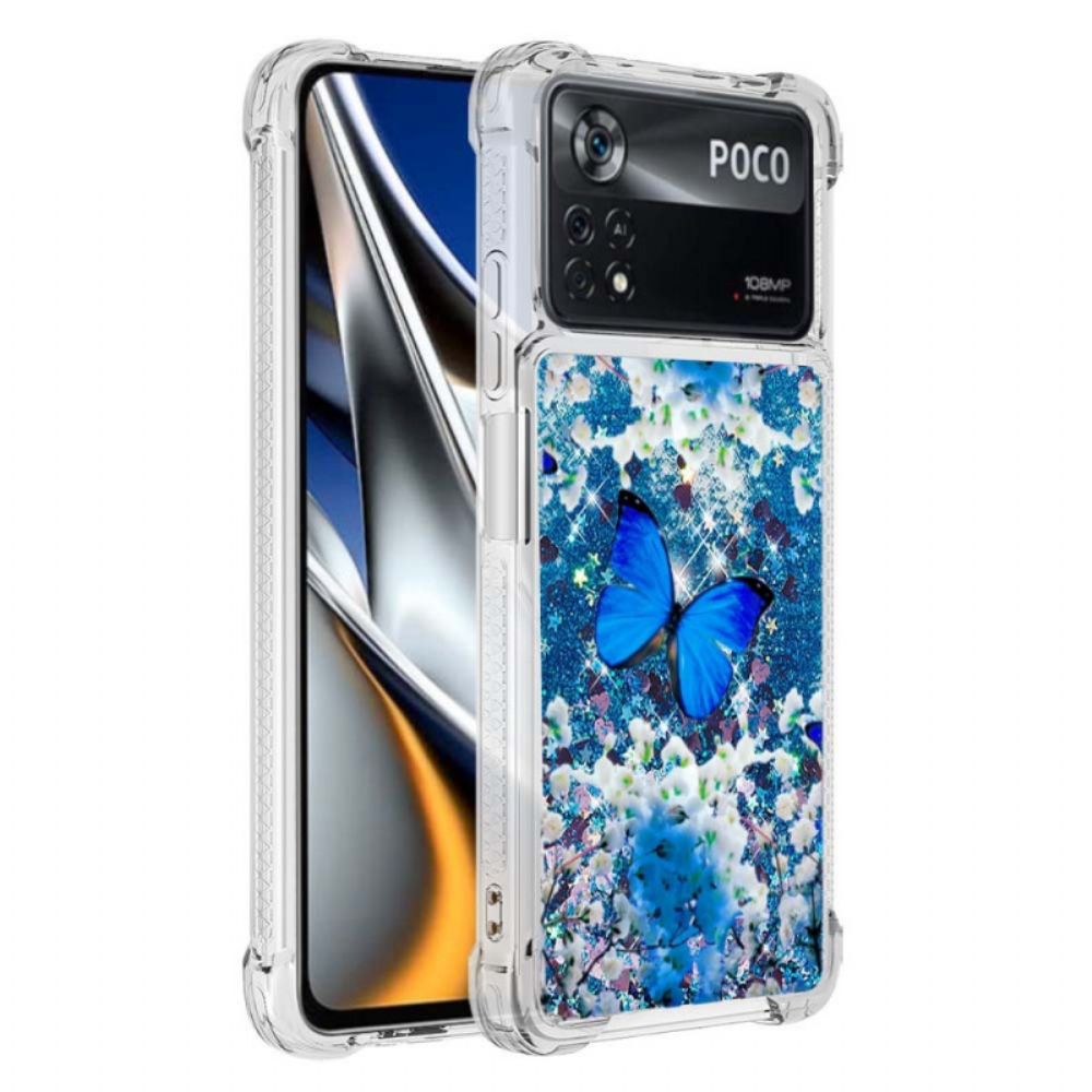 Hülle Für Poco X4 Pro 5G Blaue Glitzerschmetterlinge