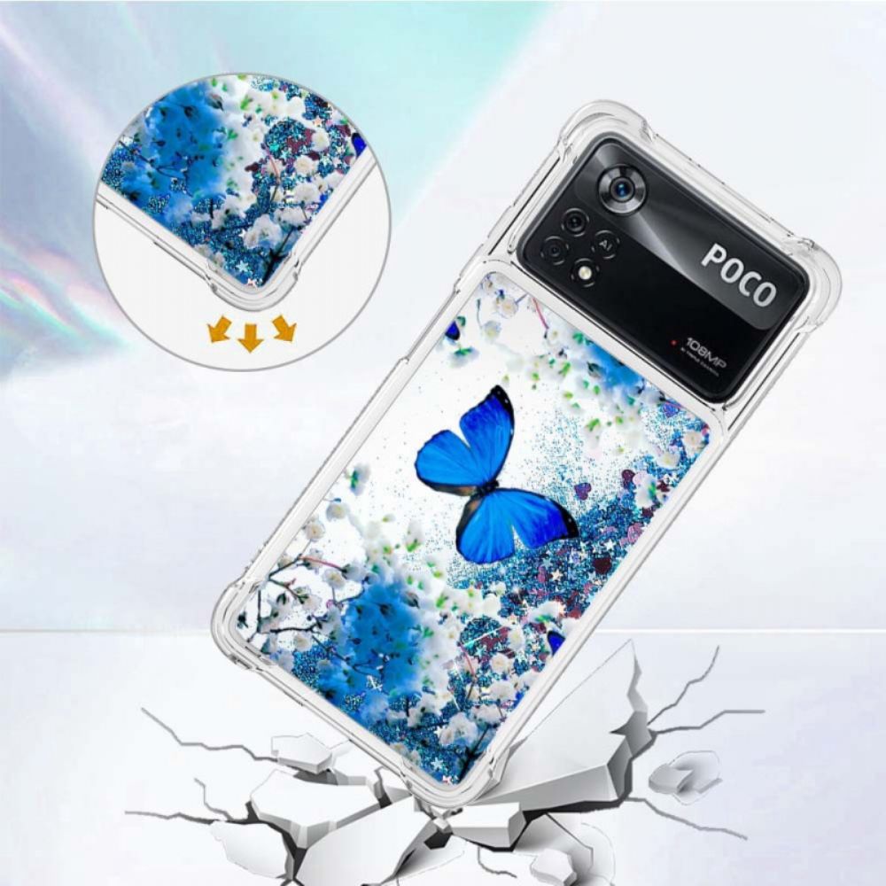 Hülle Für Poco X4 Pro 5G Blaue Glitzerschmetterlinge