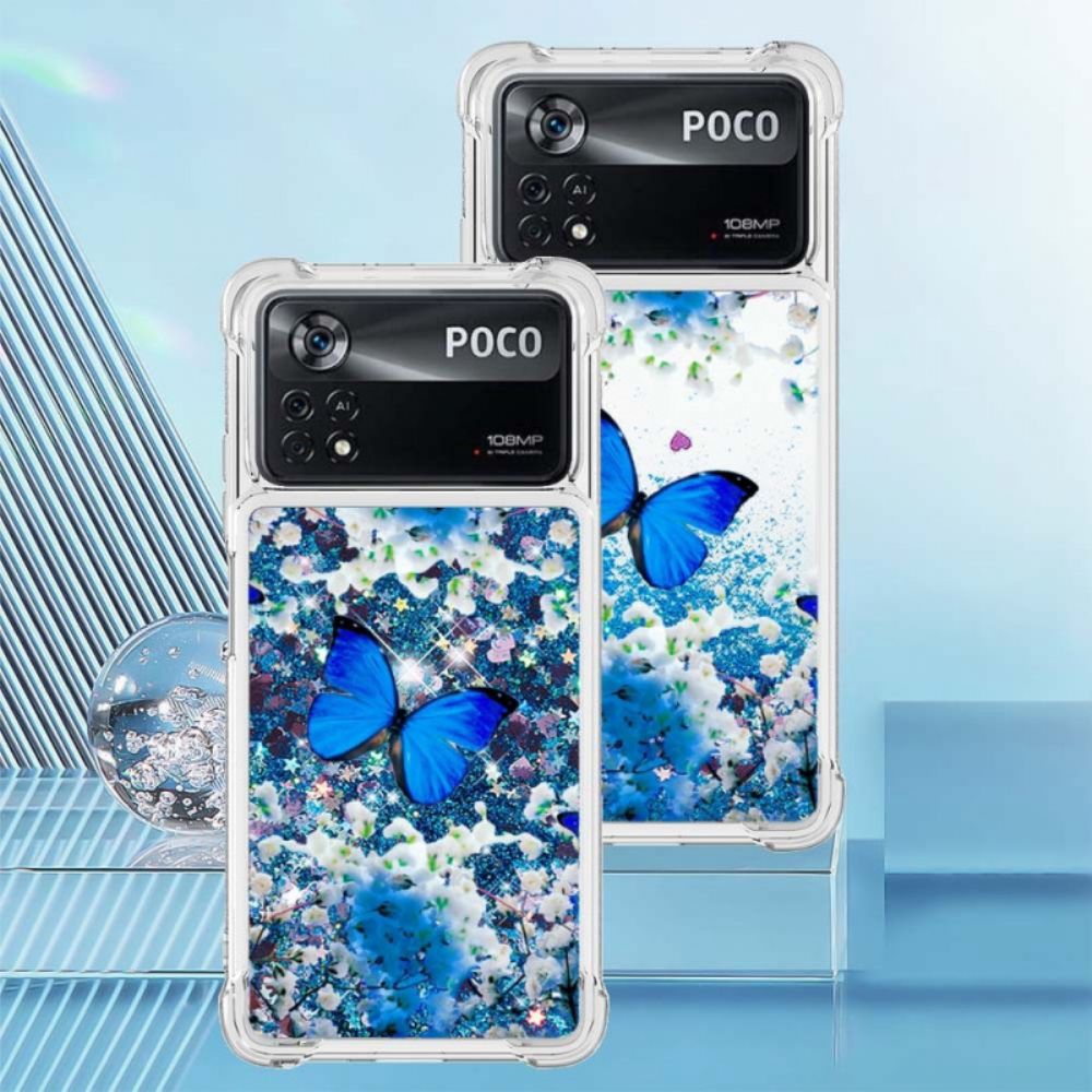 Hülle Für Poco X4 Pro 5G Blaue Glitzerschmetterlinge