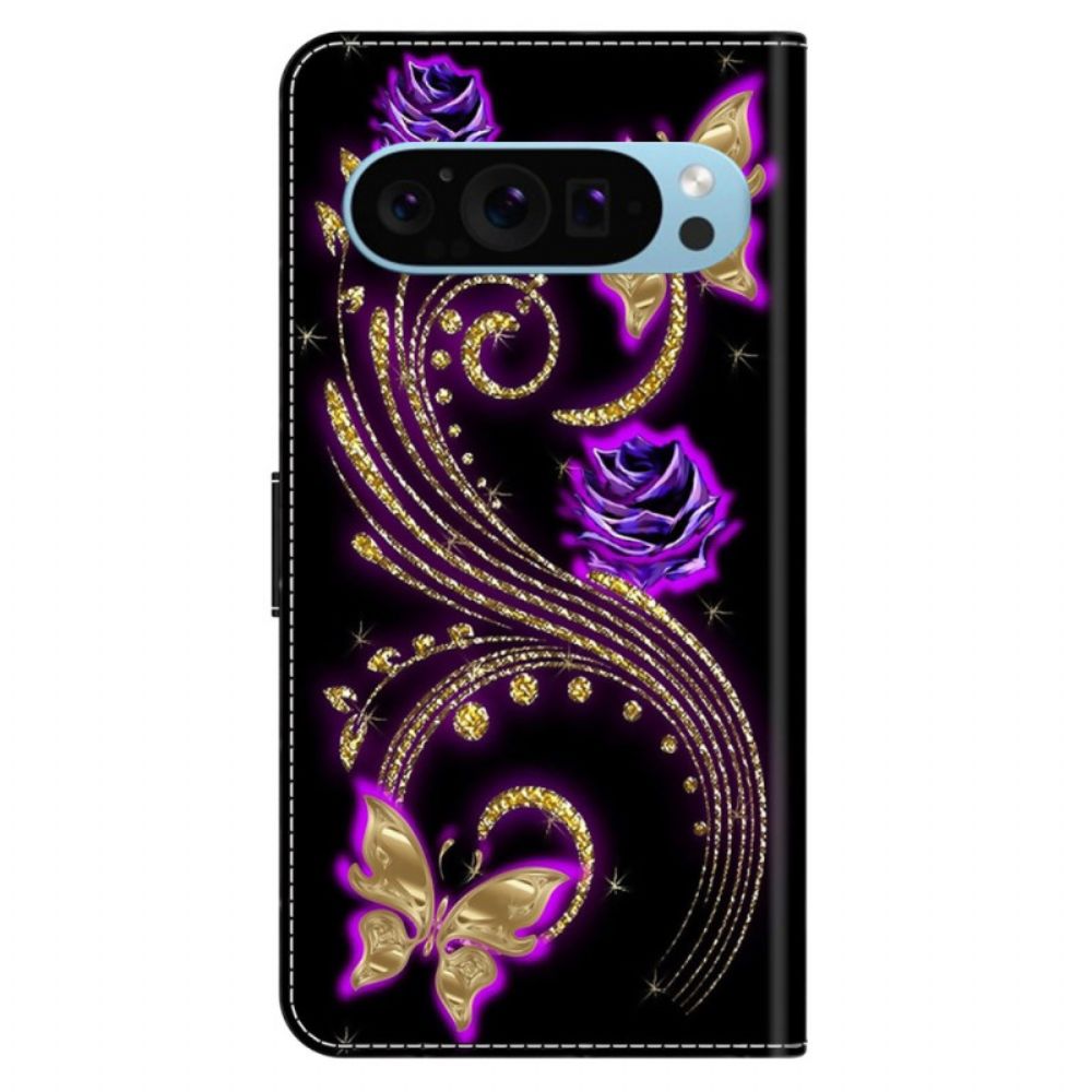 Lederhüllen Google Pixel 9 Violette Blumen Und Schmetterlinge