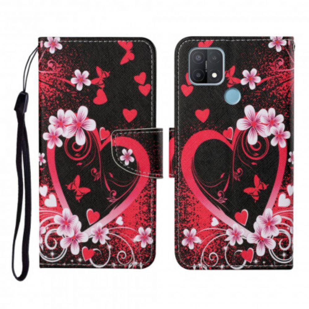 Flip Case Für Oppo A15 Blumen Und Herzen Mit Lanyard