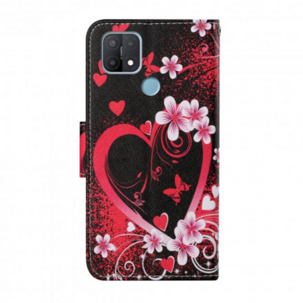 Flip Case Für Oppo A15 Blumen Und Herzen Mit Lanyard