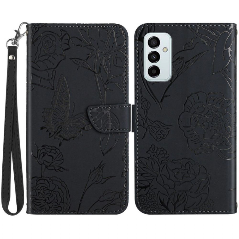 Flip Case Für Samsung Galaxy M23 5G Dezente Schmetterlinge Und Lanyard