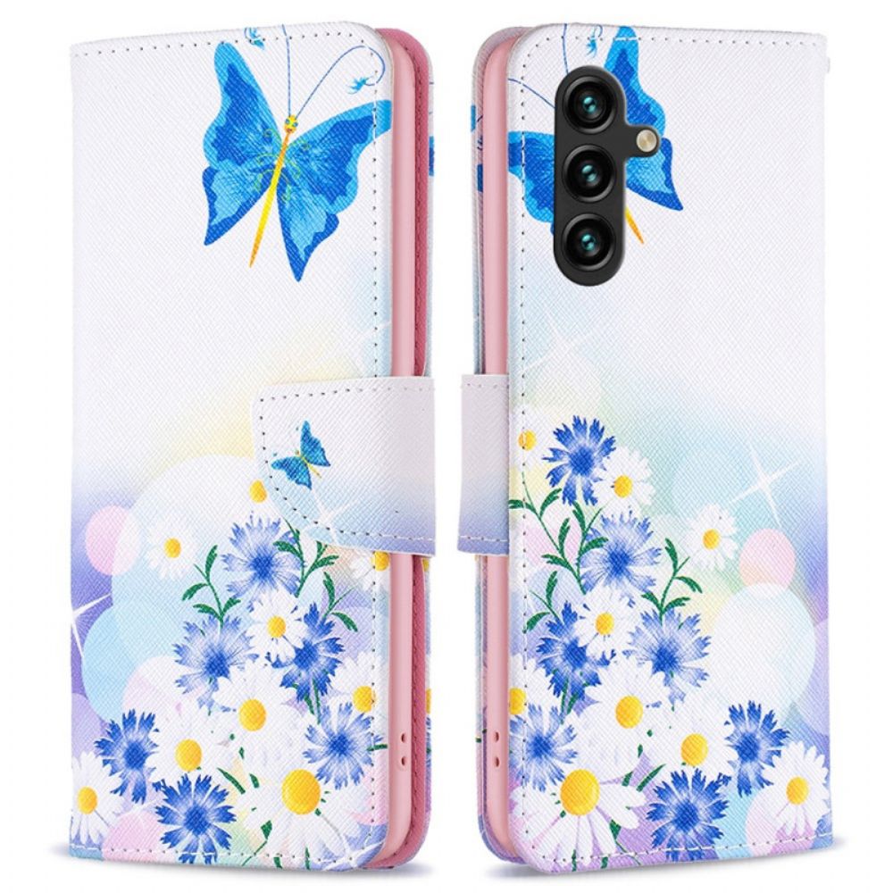 Lederhüllen Samsung Galaxy A15 Schmetterlings- Und Blumenaquarell