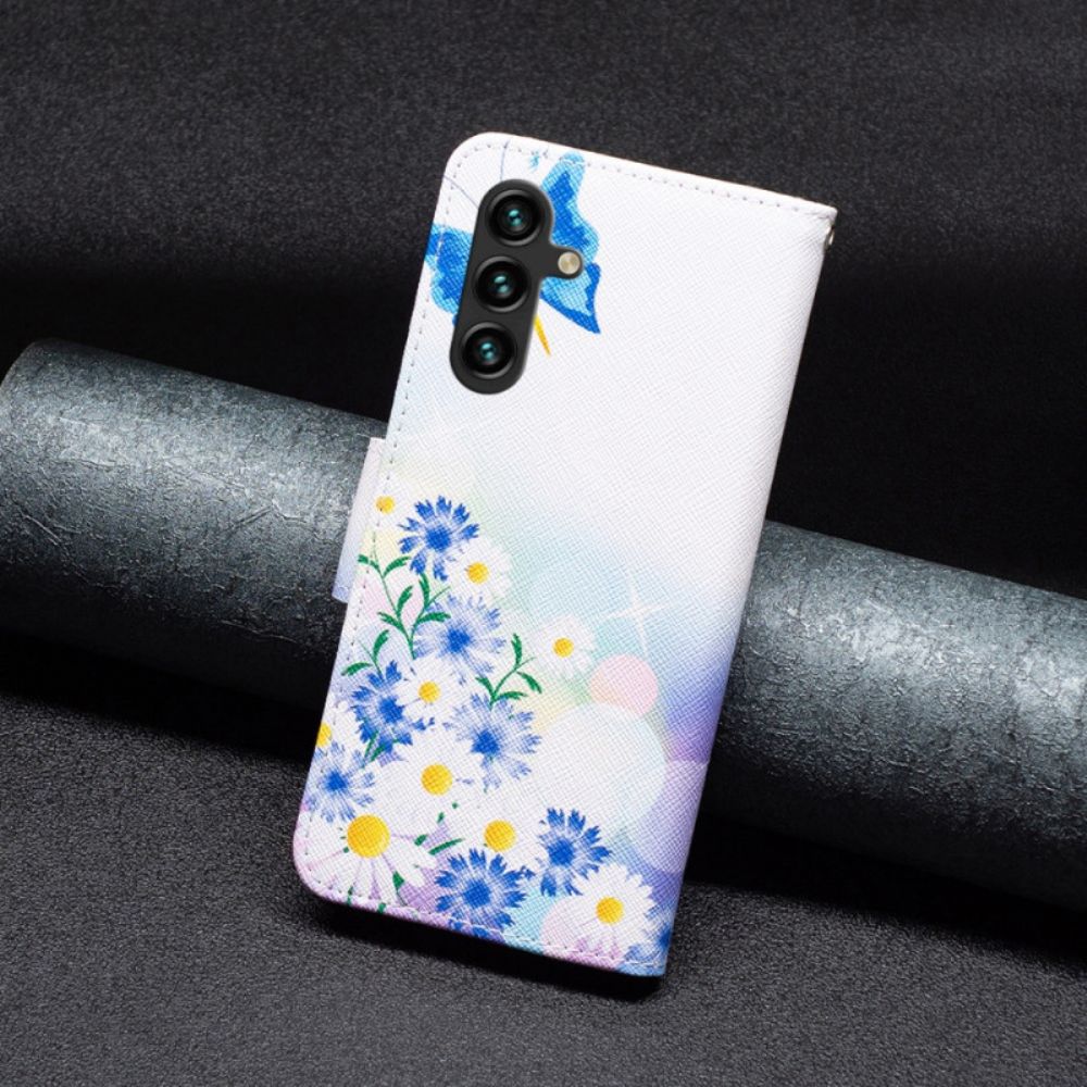 Lederhüllen Samsung Galaxy A15 Schmetterlings- Und Blumenaquarell