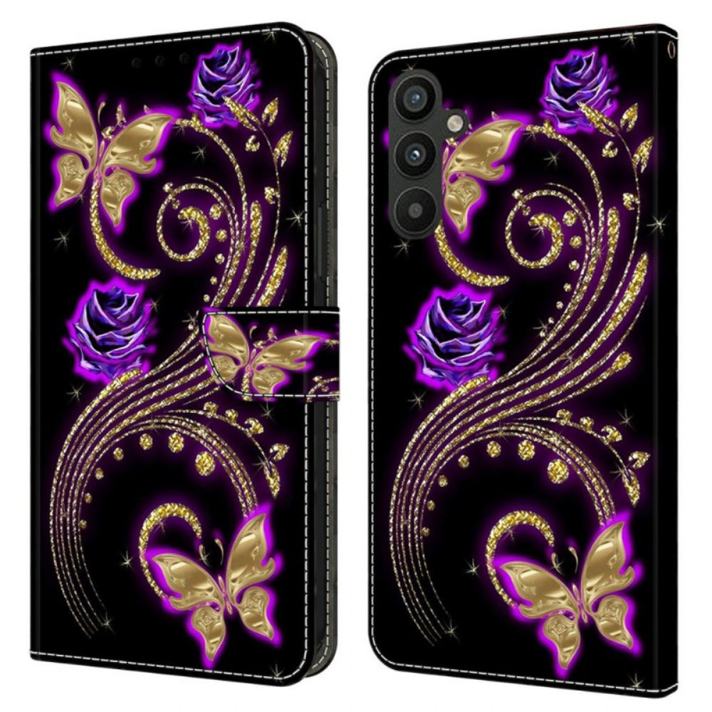 Lederhüllen Samsung Galaxy A15 Violette Blumen Und Schmetterlinge