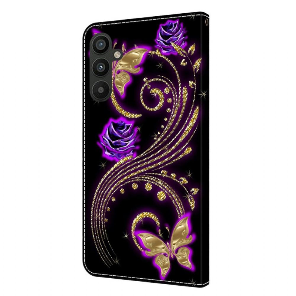 Lederhüllen Samsung Galaxy A15 Violette Blumen Und Schmetterlinge