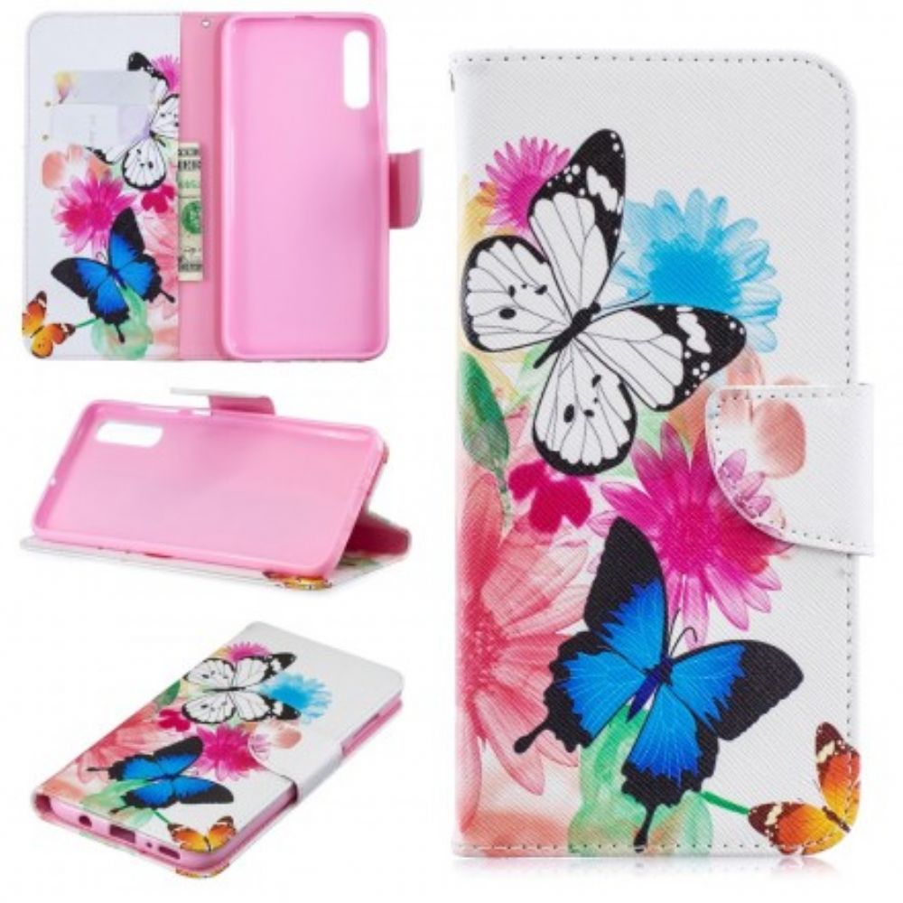 Flip Case Für Samsung Galaxy A70 Gemalte Schmetterlinge Und Blumen