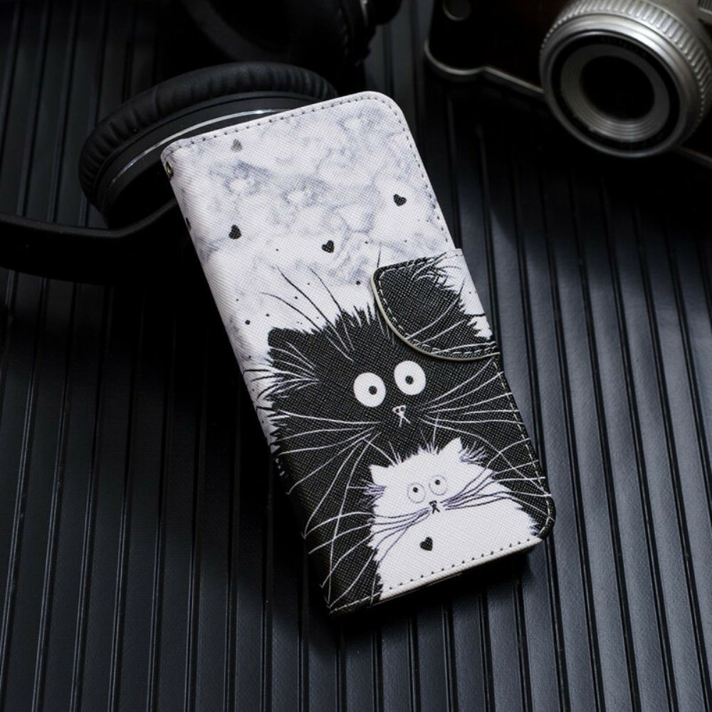 Lederhüllen Für Samsung Galaxy A70 Mit Kordel Weiße Katze Schwarze Katze Mit Abnehmbarem Riemen