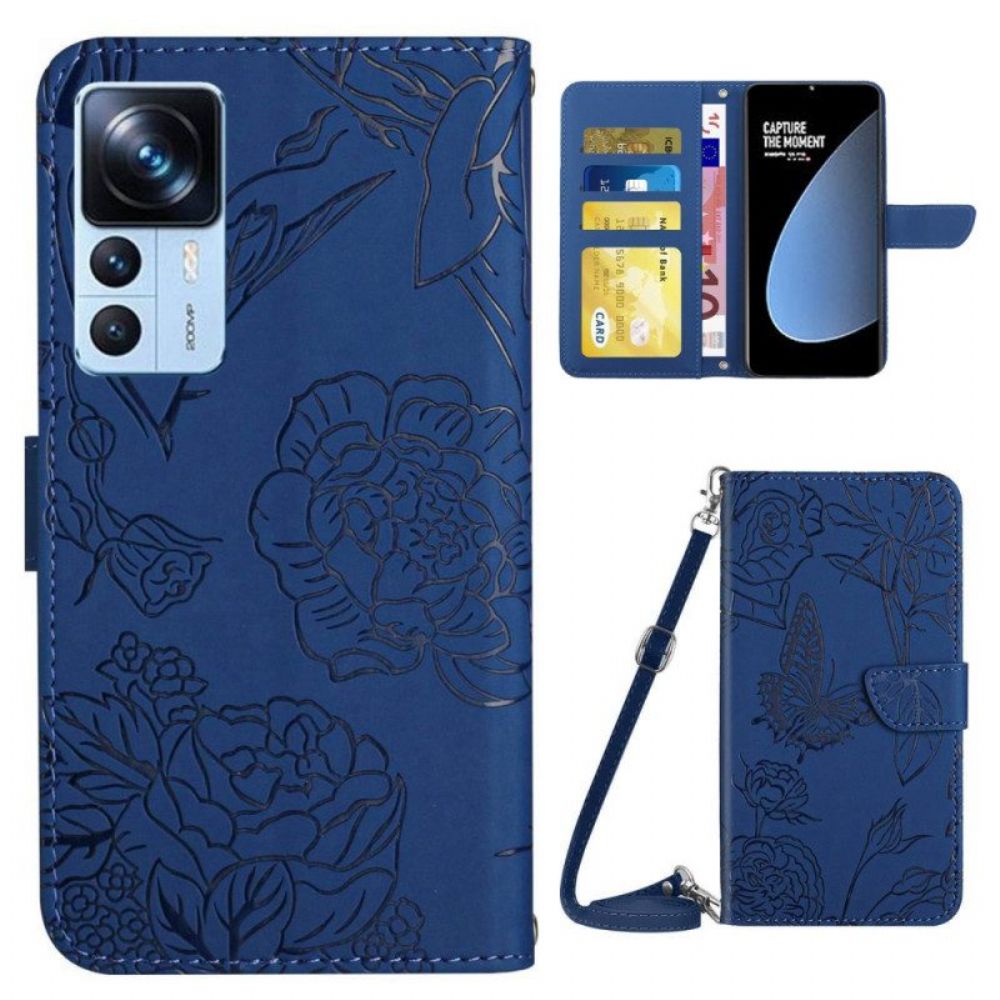 Flip Case Für Xiaomi 12T / 12T Pro Schmetterlinge Und Schultergurt