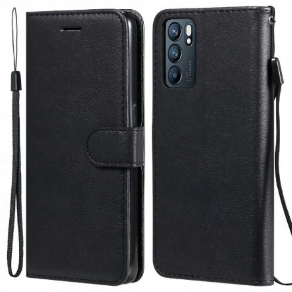 Flip Case Für Oppo Reno 6 5G Mit Kordel Armband Der Einfarbigen Serie