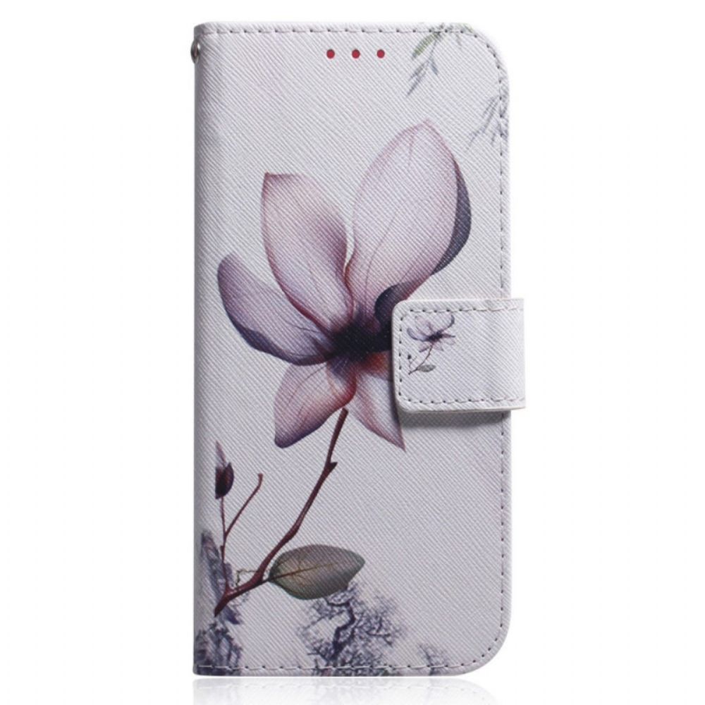 Flip Case Für OnePlus Nord 2T 5G Mit Kordel Rosa Riemenblume