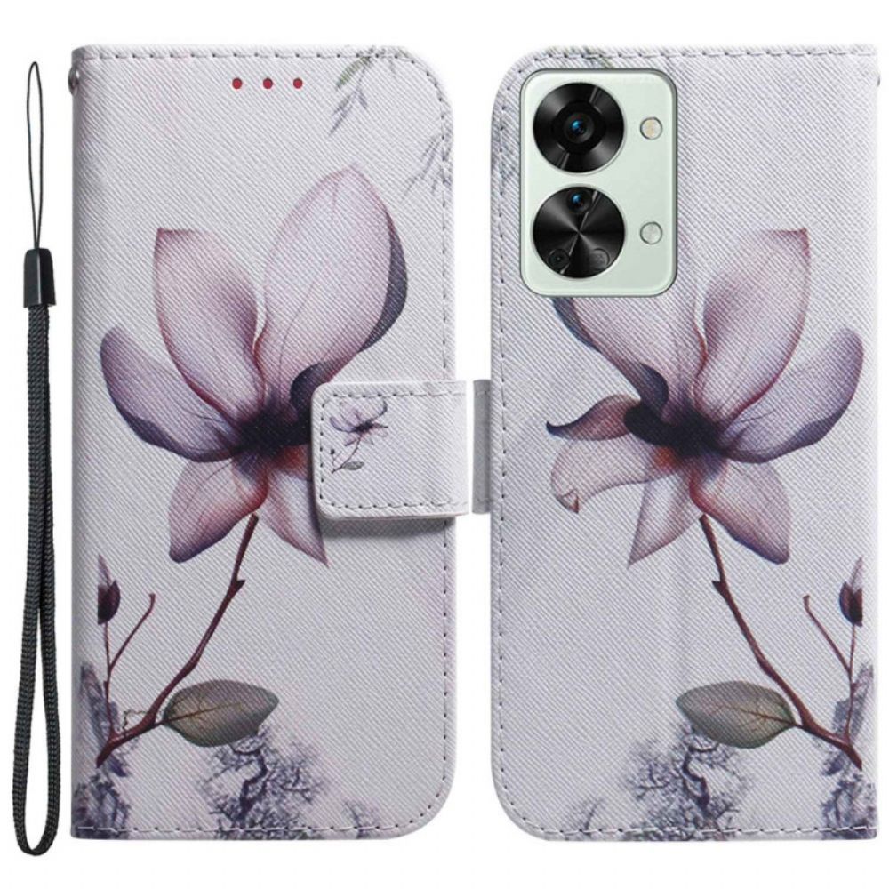 Flip Case Für OnePlus Nord 2T 5G Mit Kordel Rosa Riemenblume