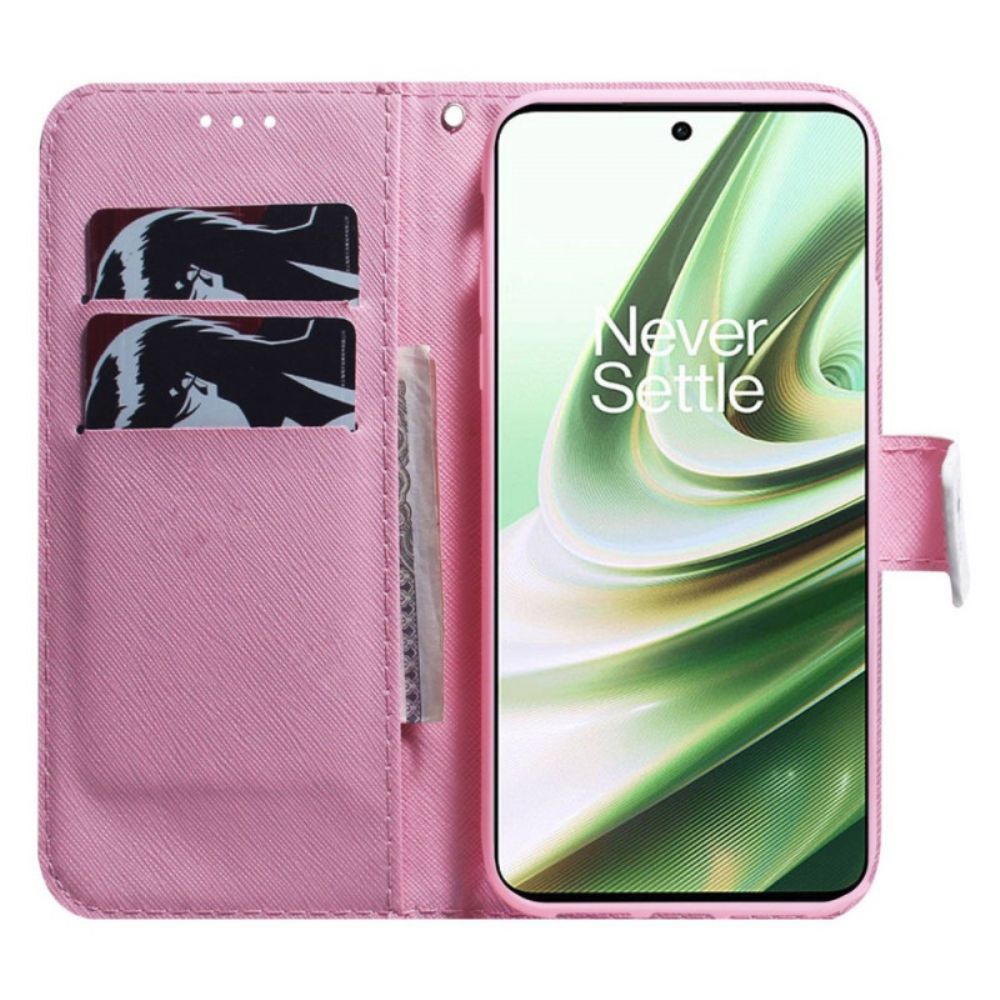 Flip Case Für OnePlus Nord 2T 5G Mit Kordel Rosa Riemenblume