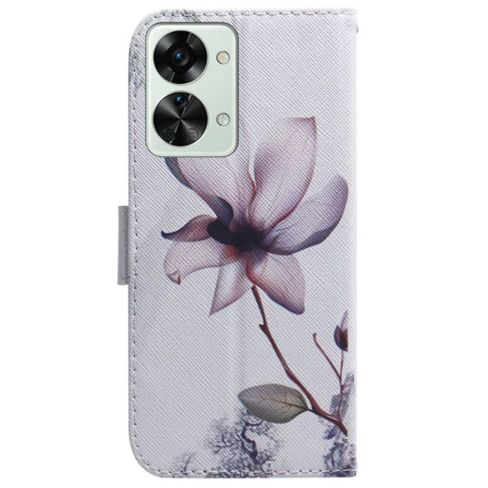 Flip Case Für OnePlus Nord 2T 5G Mit Kordel Rosa Riemenblume