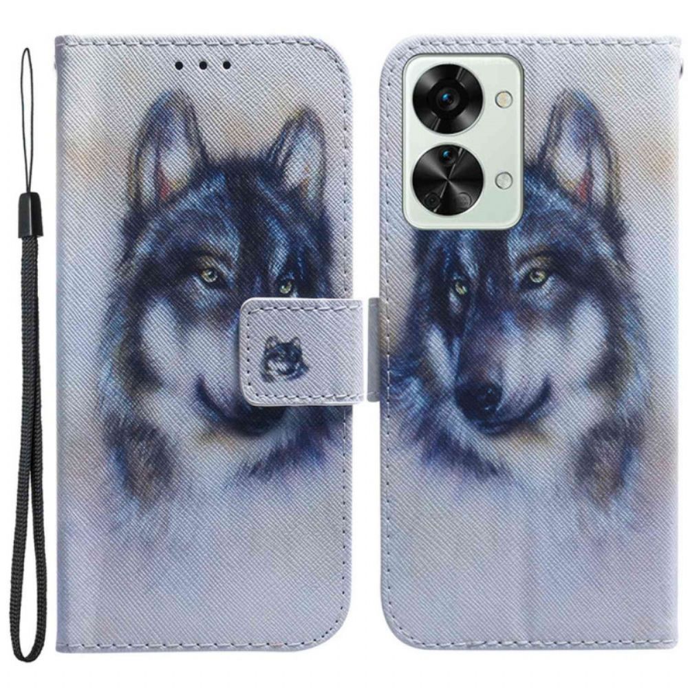 Lederhüllen Für OnePlus Nord 2T 5G Mit Kordel Aquarell Wolf Mit Riemen