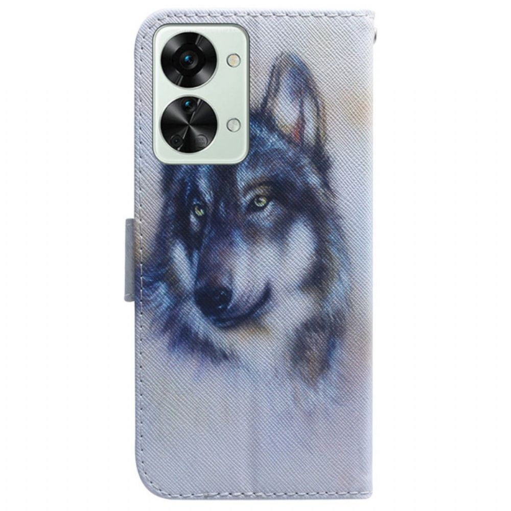 Lederhüllen Für OnePlus Nord 2T 5G Mit Kordel Aquarell Wolf Mit Riemen