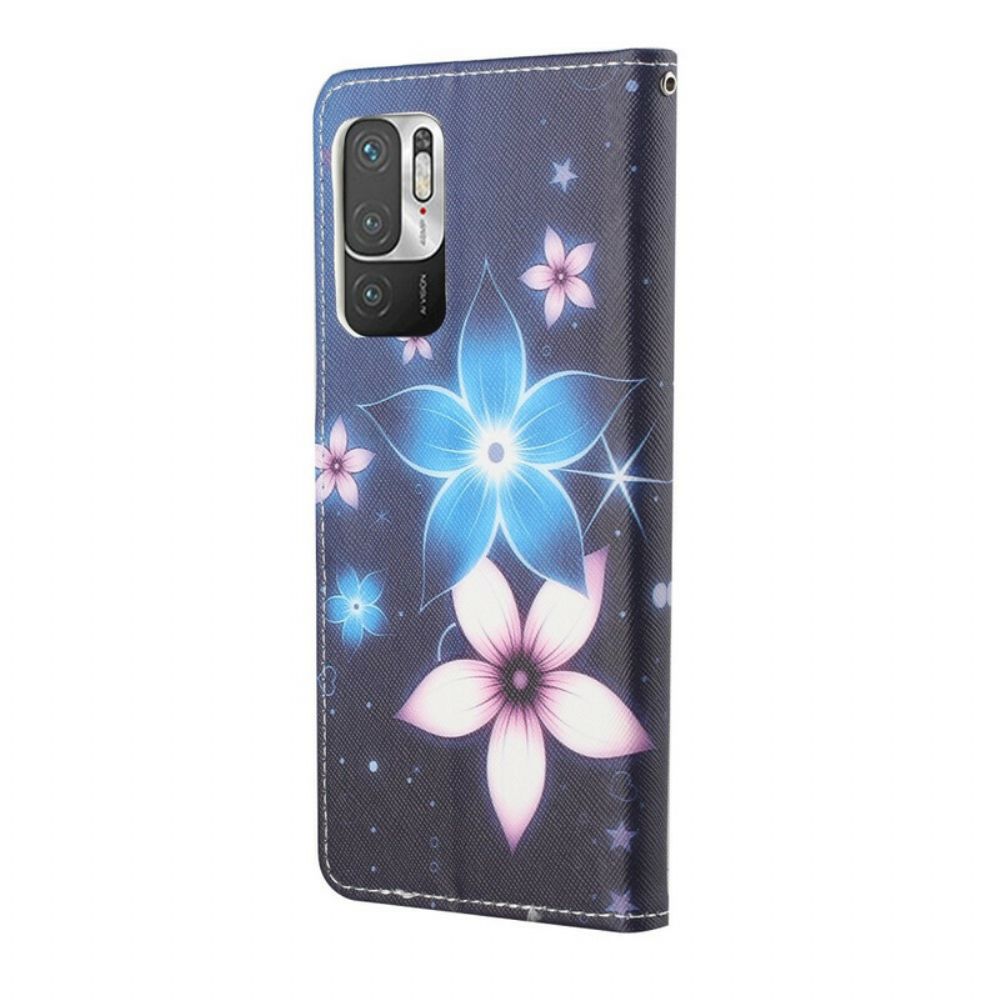 Flip Case Für Xiaomi Redmi Note 10 5G / Poco M3 Pro 5G Mit Kordel Mondblumenband