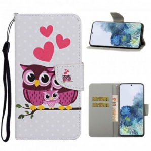 Flip Case Für Samsung Galaxy S21 Ultra 5G Eulenfamilie Mit Lanyard