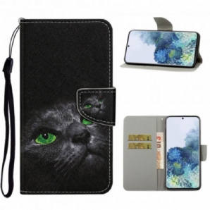 Flip Case Für Samsung Galaxy S21 Ultra 5G Grünäugige Katze Mit Lanyard