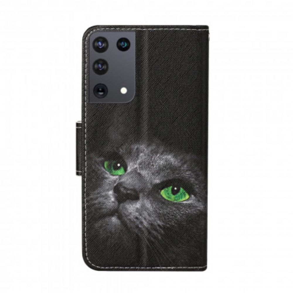 Flip Case Für Samsung Galaxy S21 Ultra 5G Grünäugige Katze Mit Lanyard