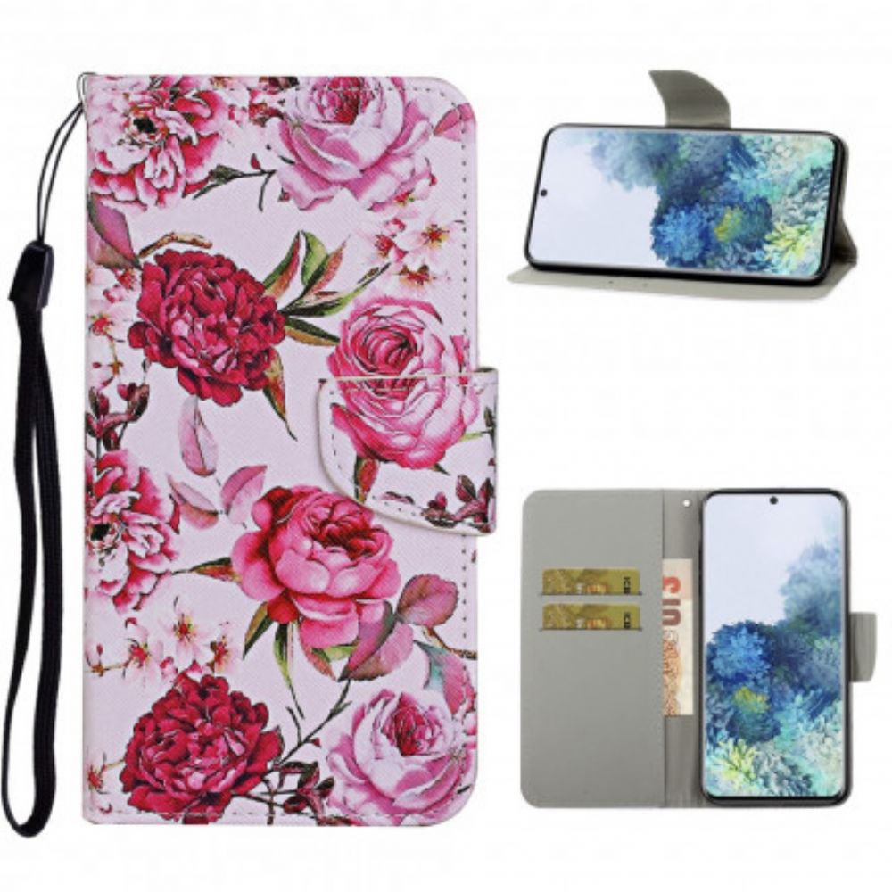 Flip Case Für Samsung Galaxy S21 Ultra 5G Meisterhafte Blumen Mit Riemen