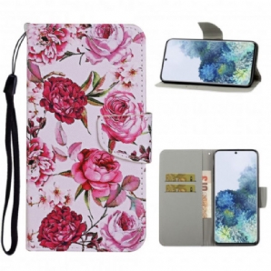 Flip Case Für Samsung Galaxy S21 Ultra 5G Meisterhafte Blumen Mit Riemen