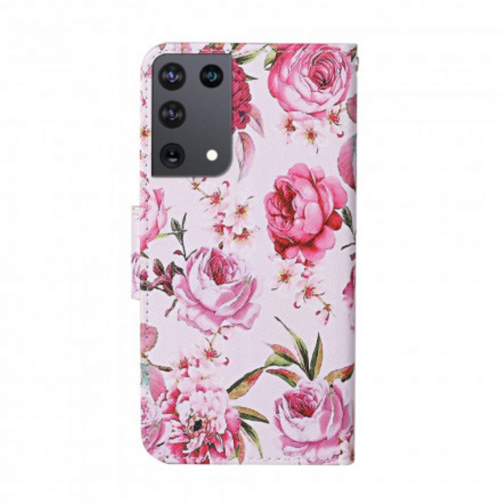 Flip Case Für Samsung Galaxy S21 Ultra 5G Meisterhafte Blumen Mit Riemen