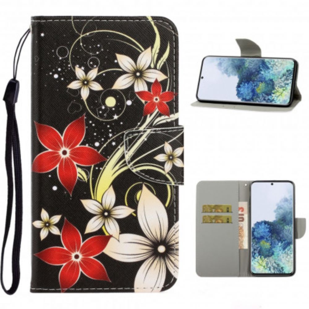 Flip Case Für Samsung Galaxy S21 Ultra 5G Mit Kordel Bunte Riemenblumen