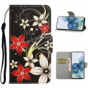 Flip Case Für Samsung Galaxy S21 Ultra 5G Mit Kordel Bunte Riemenblumen