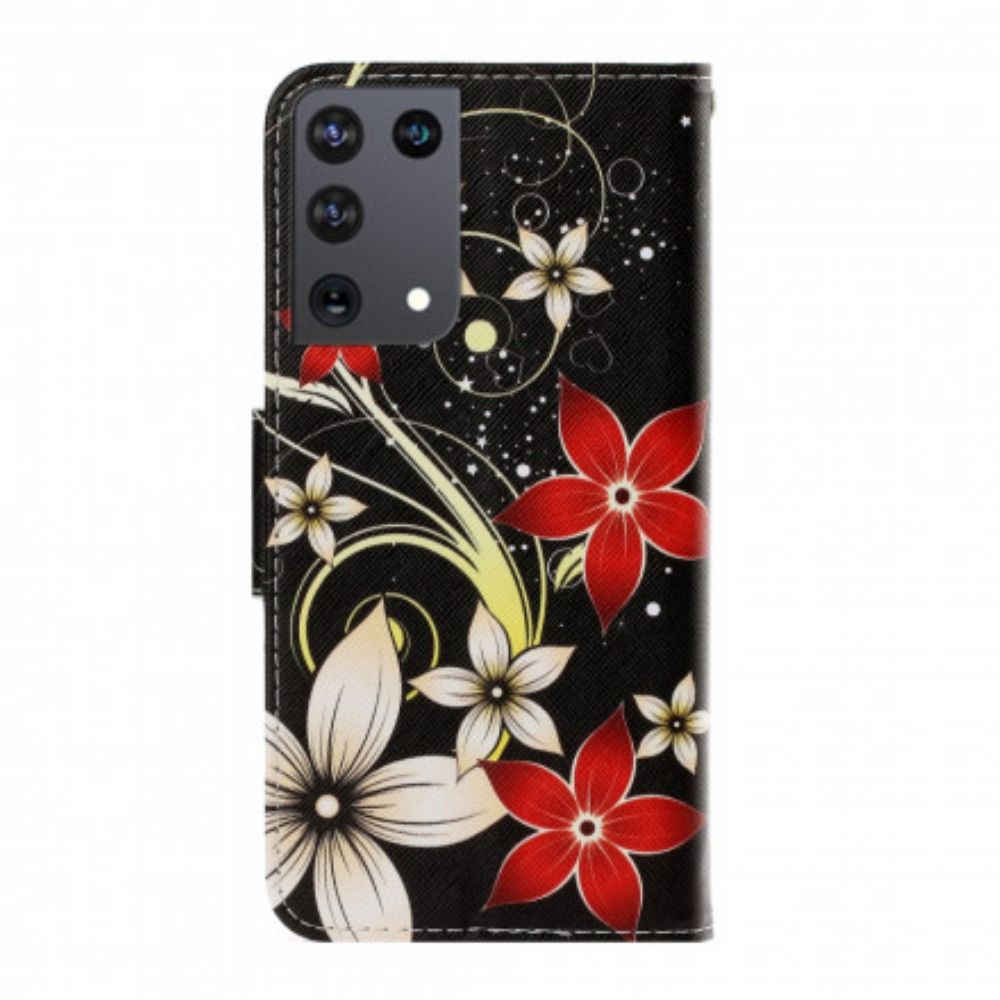 Flip Case Für Samsung Galaxy S21 Ultra 5G Mit Kordel Bunte Riemenblumen