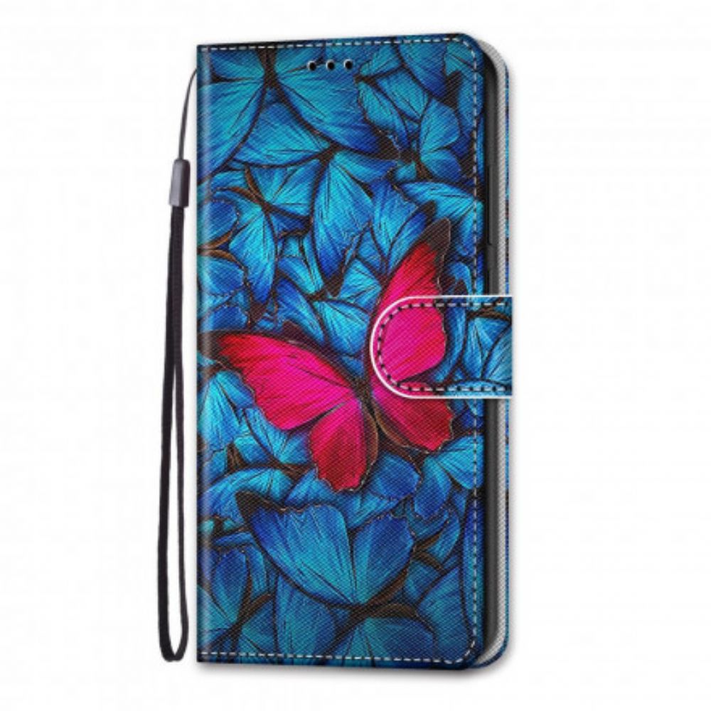 Flip Case Für Samsung Galaxy S21 Ultra 5G Roter Schmetterling Auf Blauem Hintergrund