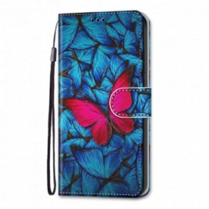 Flip Case Für Samsung Galaxy S21 Ultra 5G Roter Schmetterling Auf Blauem Hintergrund