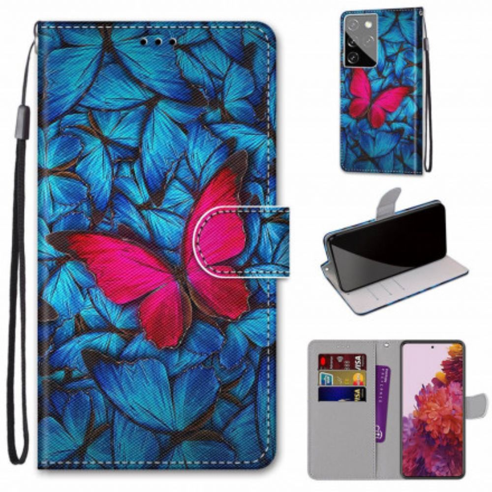 Flip Case Für Samsung Galaxy S21 Ultra 5G Roter Schmetterling Auf Blauem Hintergrund