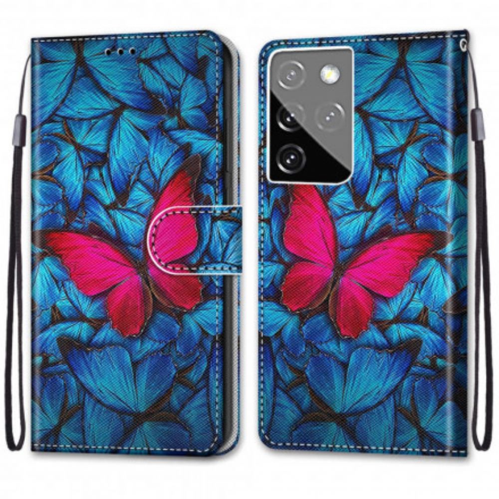 Flip Case Für Samsung Galaxy S21 Ultra 5G Roter Schmetterling Auf Blauem Hintergrund