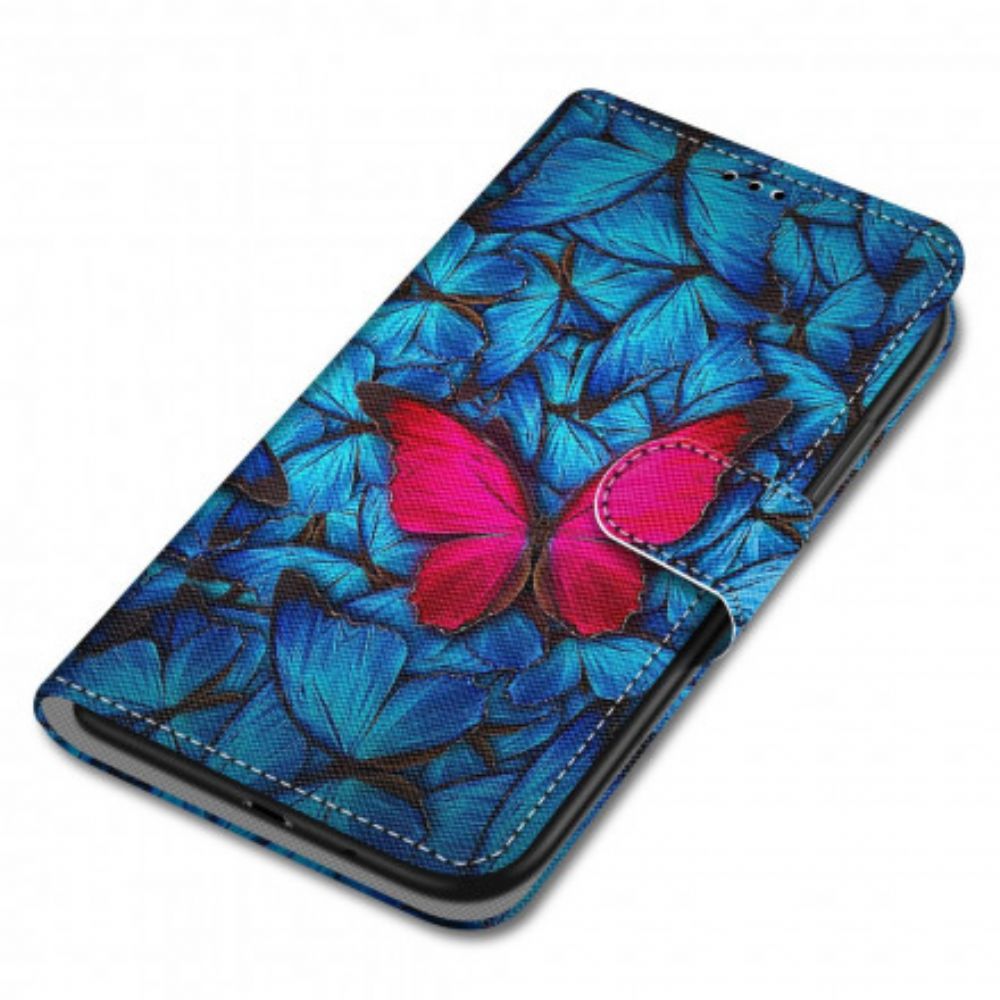 Flip Case Für Samsung Galaxy S21 Ultra 5G Roter Schmetterling Auf Blauem Hintergrund