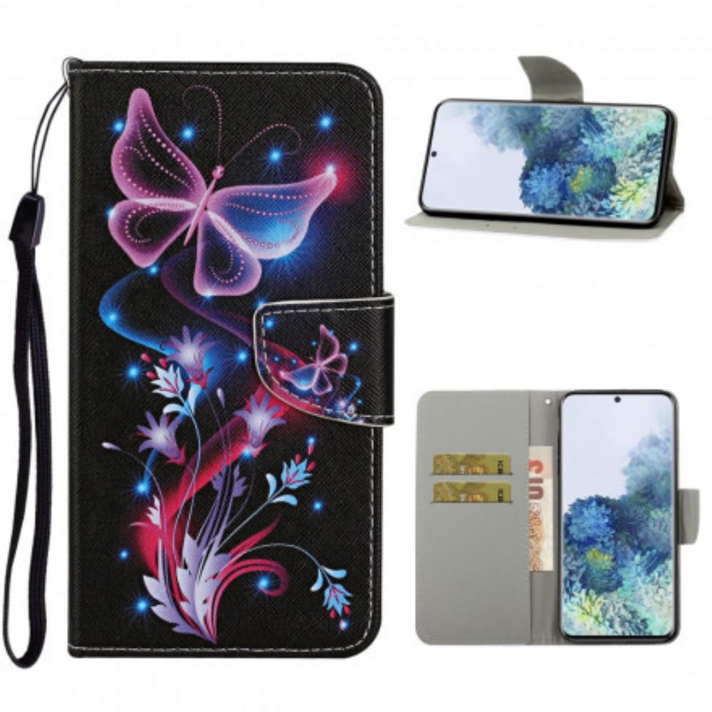 Flip Case Für Samsung Galaxy S21 Ultra 5G Schmetterlinge Und Lanyard