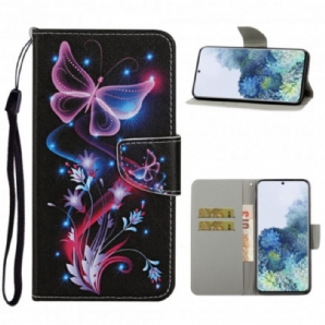 Flip Case Für Samsung Galaxy S21 Ultra 5G Schmetterlinge Und Lanyard